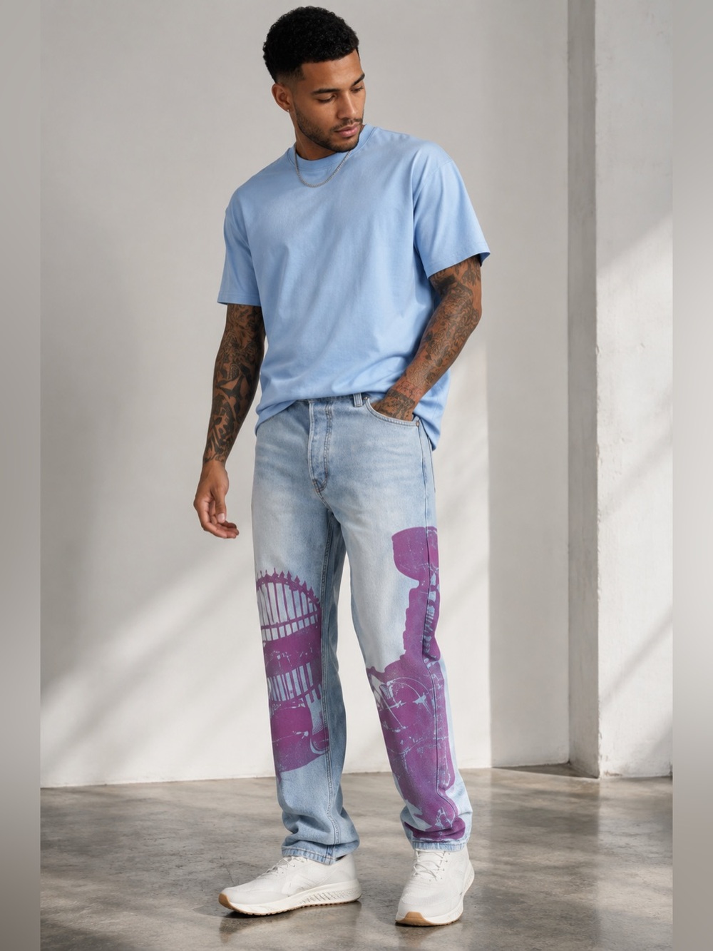 NEW ROKIT Hardware Print Jeans – Medium Wash Blue with Purple Graphic Size 32x32